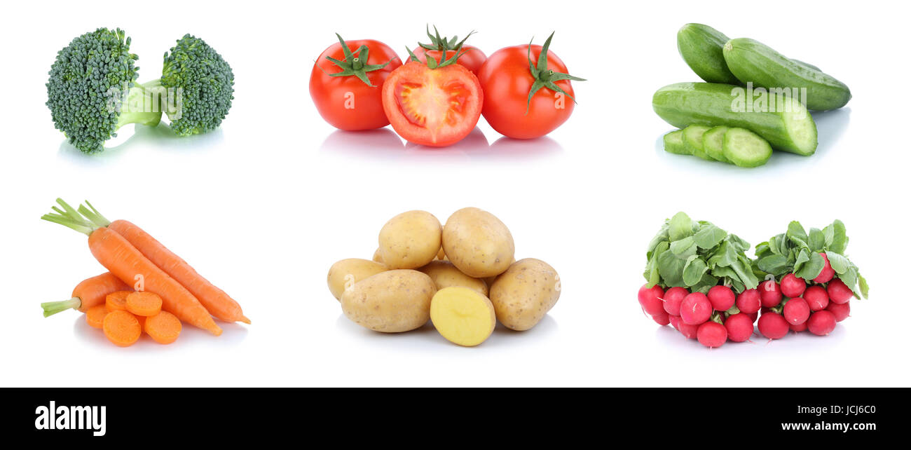 Gemüse Karotten Tomaten Gurken Gemüse Kartoffeln essen isoliert auf weißem Hintergrund Stockfoto