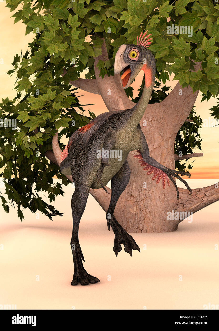 3D digital Render von einem Dinosaurier Gigantoraptor auf einem roten Himmel und einen grünen Baum-Hintergrund Stockfoto