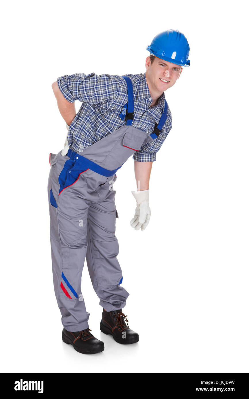 Männliche Arbeitnehmer leiden unter Schmerzen isoliert auf weißem Hintergrund Stockfoto