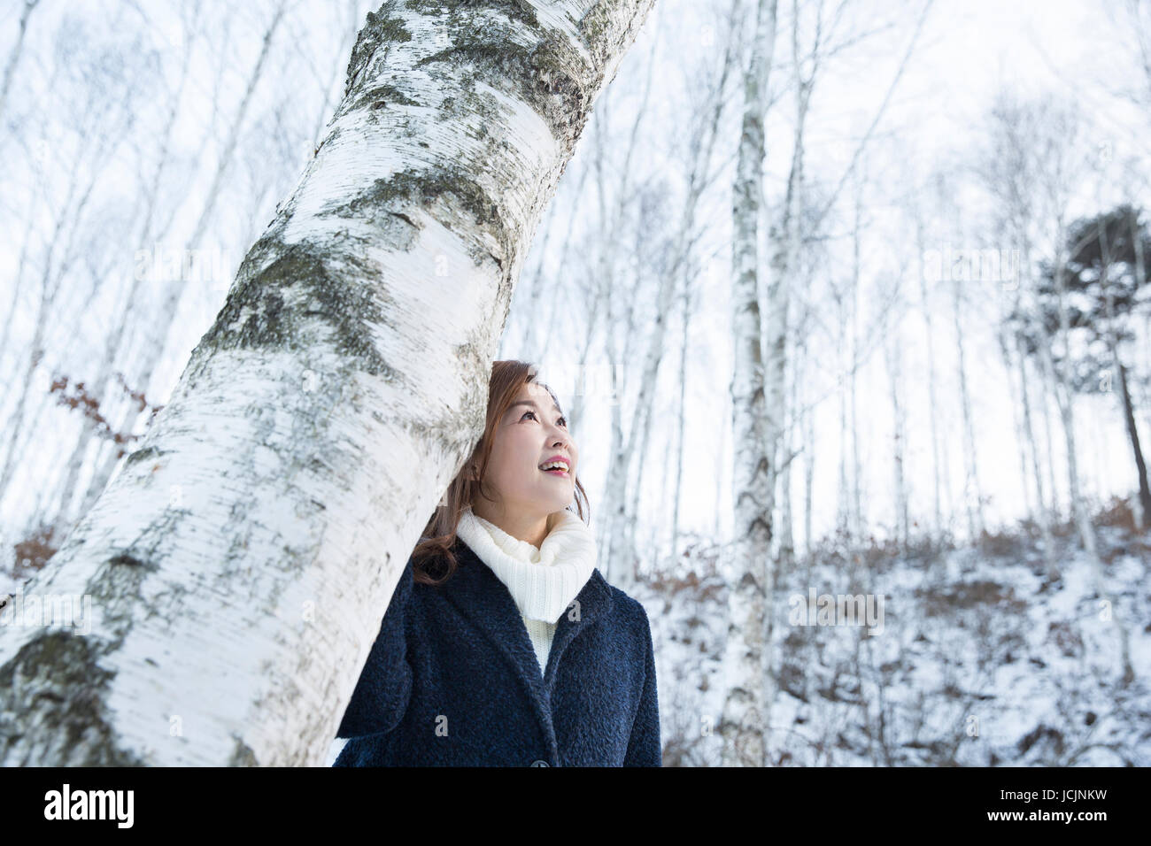 Porträt des Lächelns Mitte im Alter von Frau im Freien im winter Stockfoto