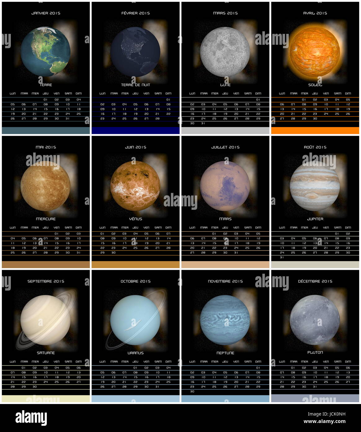 Europäischen französischer 2015 Jahr Kalender mit Woche ab Montag und Sonnensystem Planeten Stockfoto