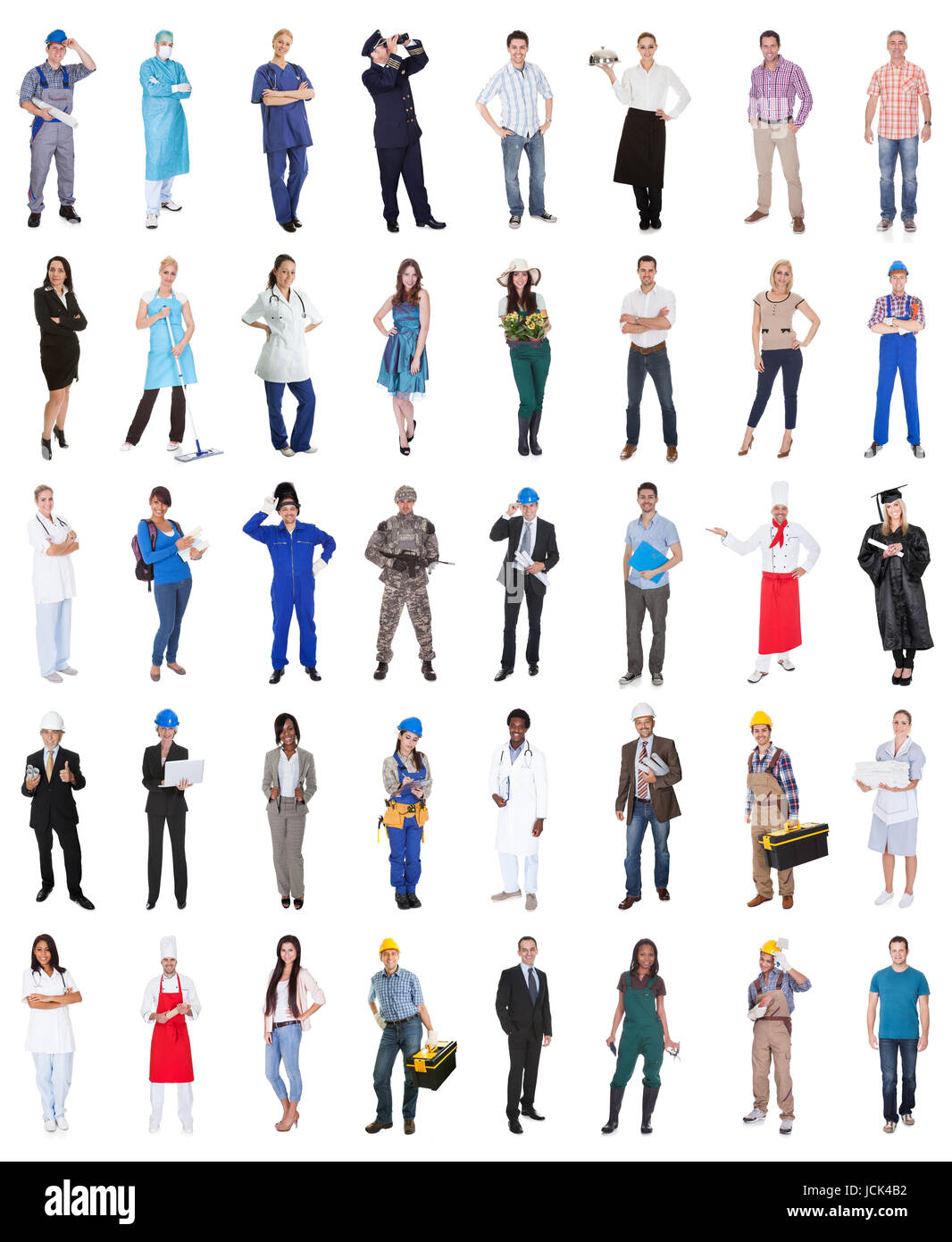 Multi-ethnische Gruppe von Menschen aus verschiedenen Berufen Over White Background Stockfoto