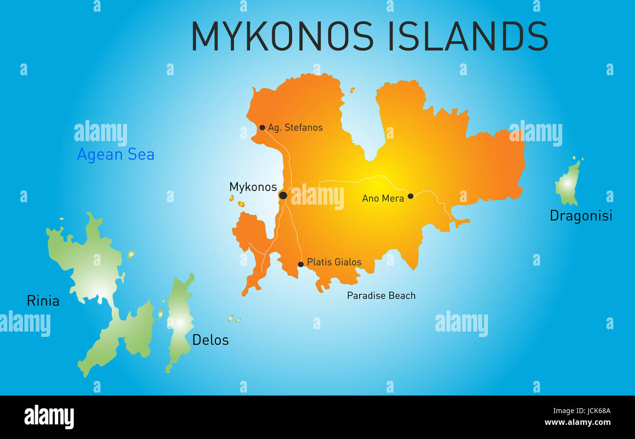 Vektor-Farbkarte der Insel Mykonos in Griechenland Stockfoto