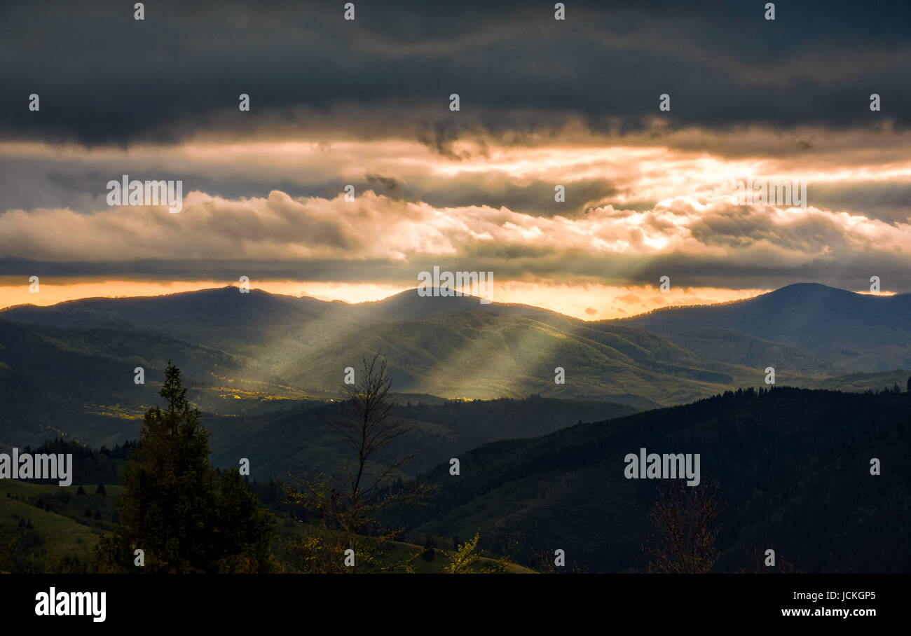 Karpaten-Tal durch Sonnenstrahlen beleuchtet. Spektakuläre Berglandschaft bei bewölkten Sonnenuntergang Stockfoto