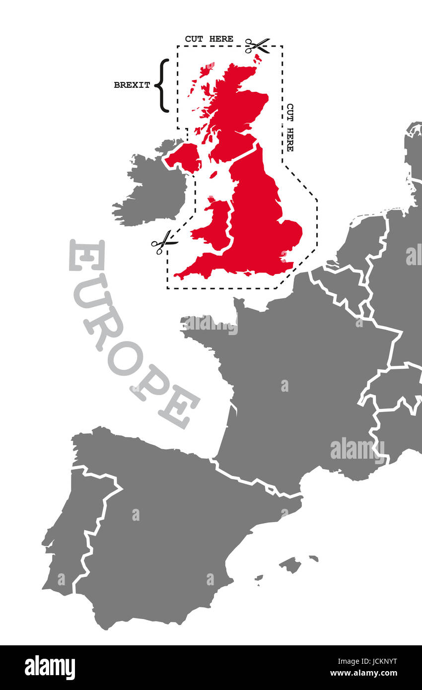 Brexit Abbildung Karte in grau mit roten Ausschneiden Linie um markierte Großbritannien Stockfoto