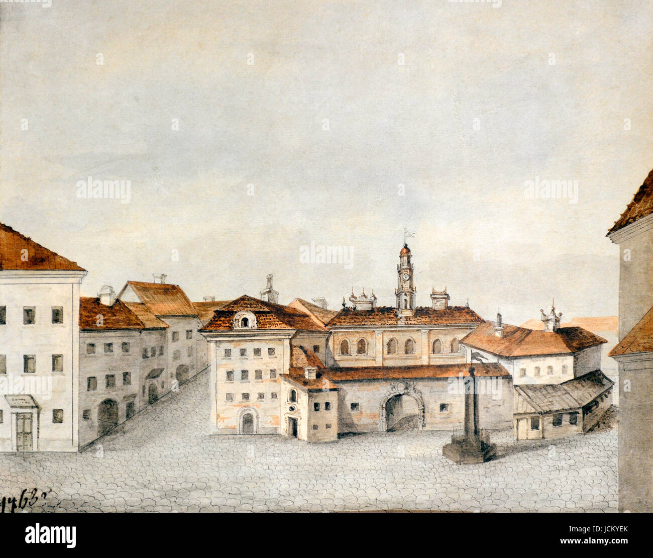 Rathaus von Vilnius im Jahr 1763. Von Marceli Januszewicz (1806-1859). Stockfoto