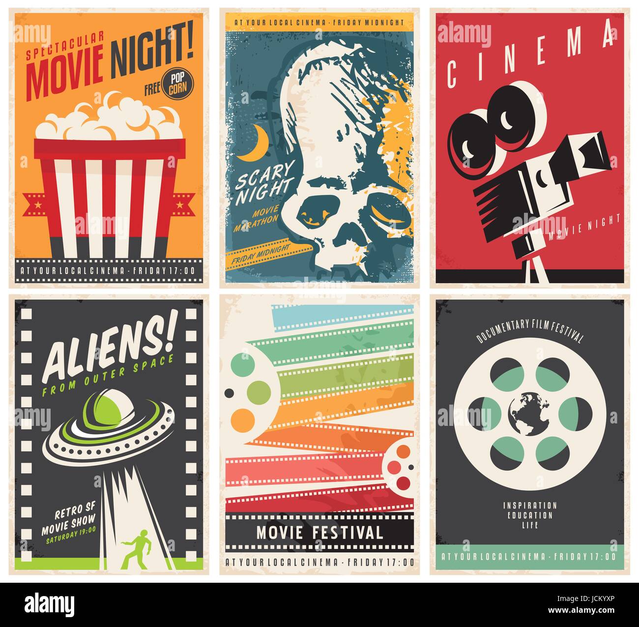 Kino Poster Sammlung mit verschiedenen Film und Film-Genres und Themen. Kreative Retro-Vektor-Design-Konzept mit sechs Werbe-Broschüren. Stock Vektor