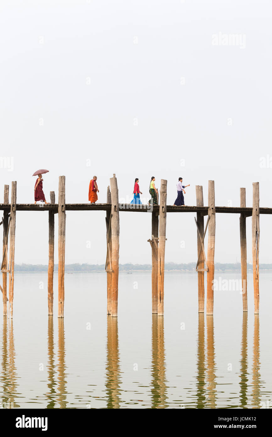 U Bein Brücke, Amarapura Taungmyo See, Region Mandalay, Myanmar Stockfoto