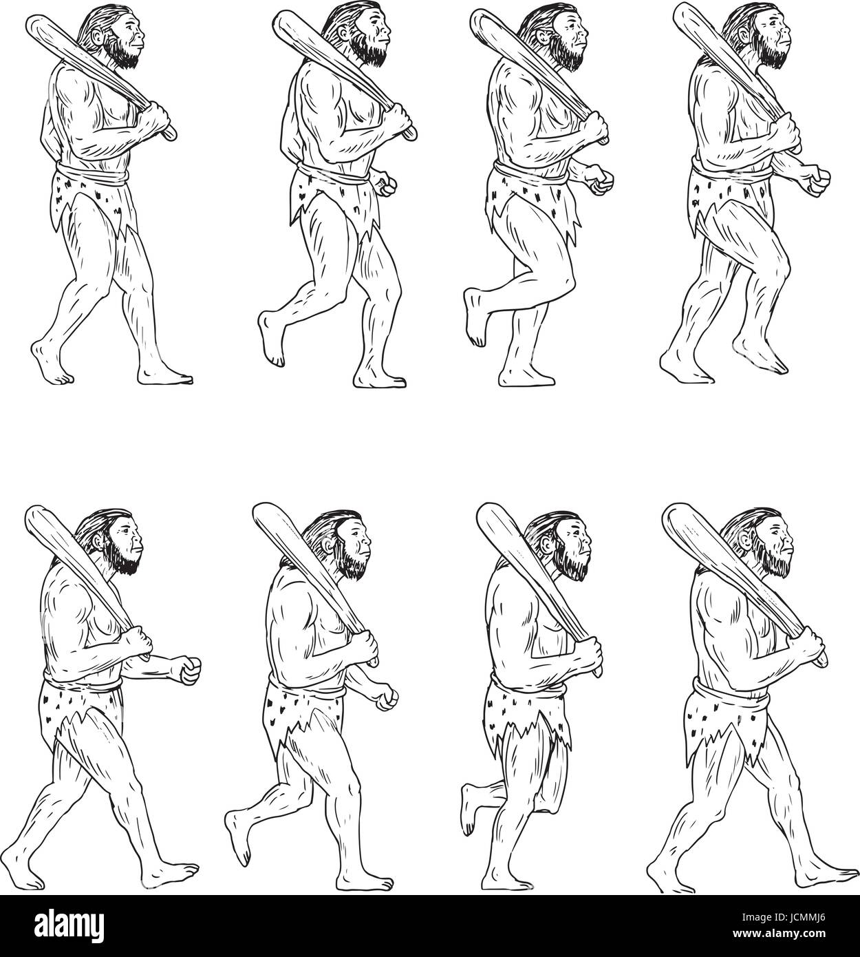 Sammlung von Abbildungen eines Neandertalers oder caveman Holding ein Club auf der Schulter zu zeigen, ein Spaziergang Zyklus von der Seite gesehen. Stock Vektor