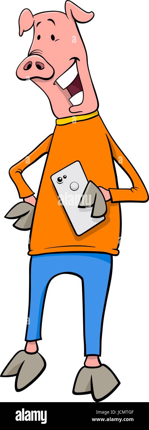 Cartoon Illustration Schwein Fantasy Charakter mit Smartphone Stock Vektor