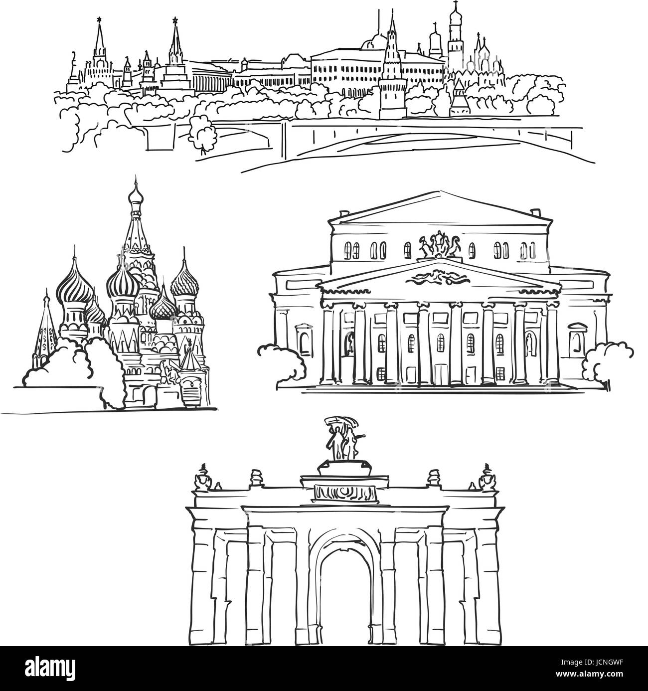 Moskau, Russland, berühmte Gebäude, Monochrom beschriebenen Reisen Sehenswürdigkeiten, skalierbare Vektor-Illustration Stock Vektor