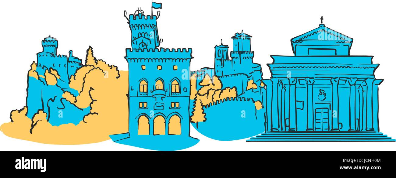 San Marino farbigen Panorama, blaue Form mit gelben Highlights gefüllt. Skalierbare urbane Stadtbild Vektor-Illustration Stock Vektor