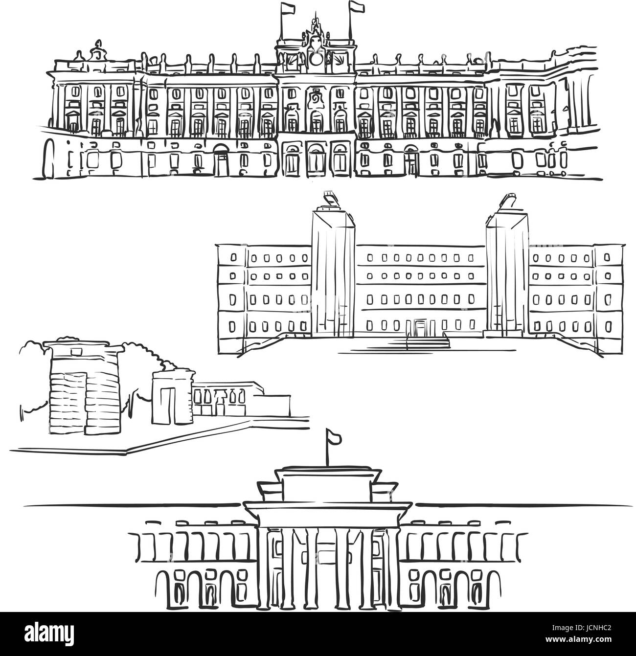 Madrid, Spanien, berühmte Gebäude, Monochrom beschriebenen Reisen Sehenswürdigkeiten, skalierbare Vektor-Illustration Stock Vektor
