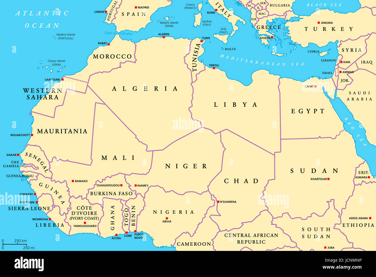 Nordafrika Ländern politische Karte mit Hauptstädten und Grenzen. Von der atlantischen Küste von Marokko bis Ägypten und am Roten Meer. Maghreb. Stockfoto