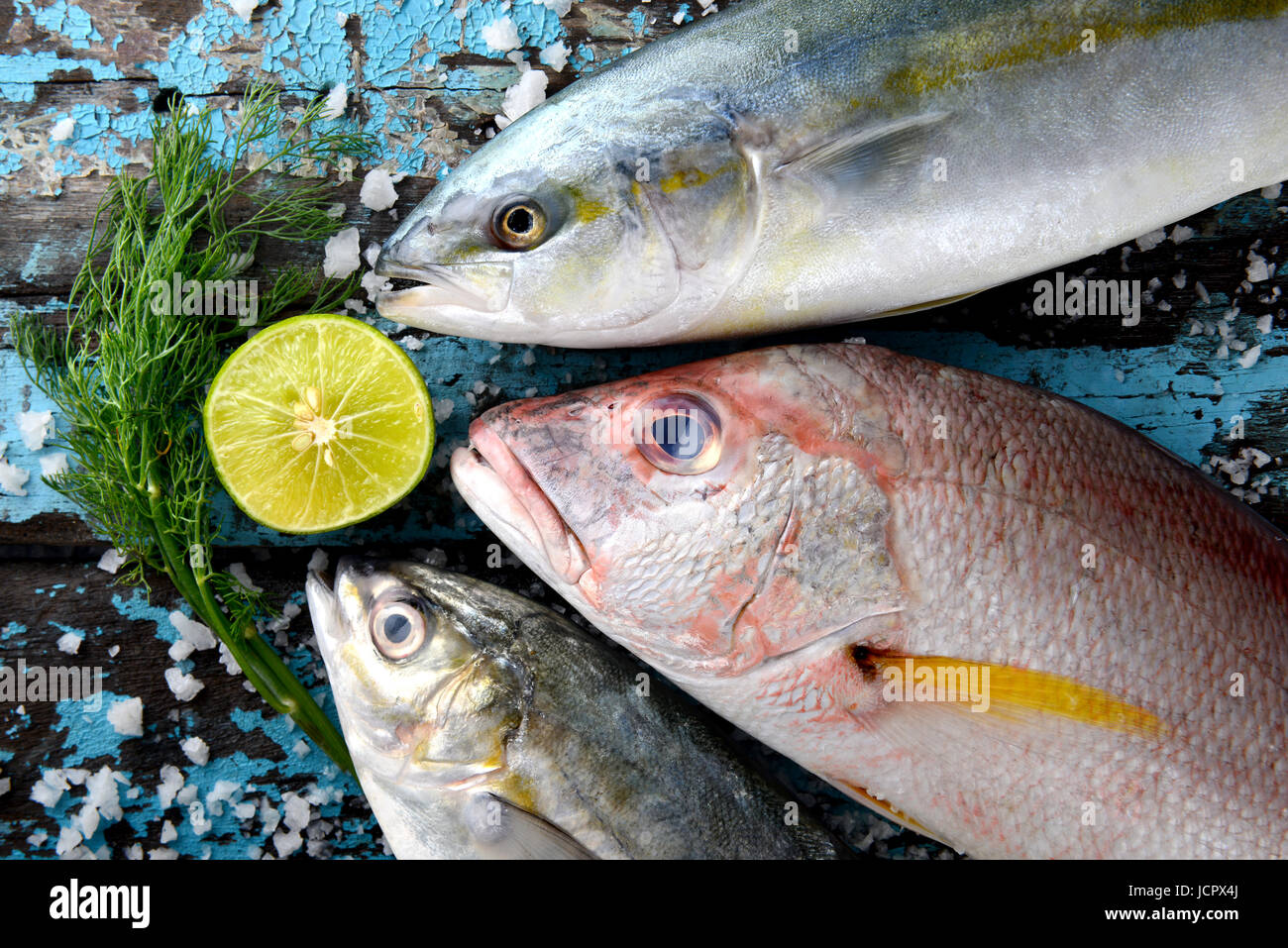 Red Snapper Fisch Hamachi und Makrelen aus Fischerei Fischmarkt auf Holzteller mit Zitrone und Gemüse. Stockfoto