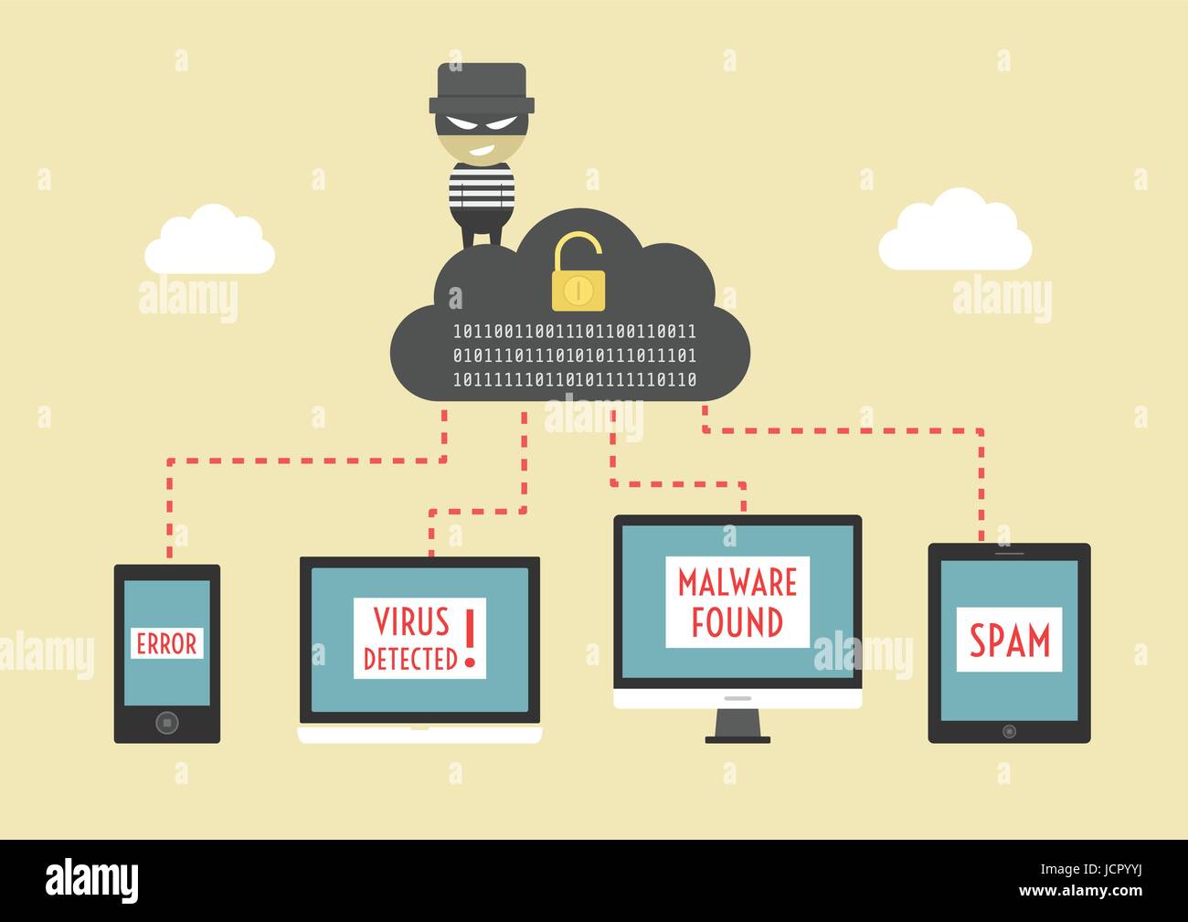 Hacker schicken Virus aus Cloud auf Ihr Gerät, Hüten Sie sich vor illegalen Server, Vektor-Illustration, flachen Stil Stock Vektor