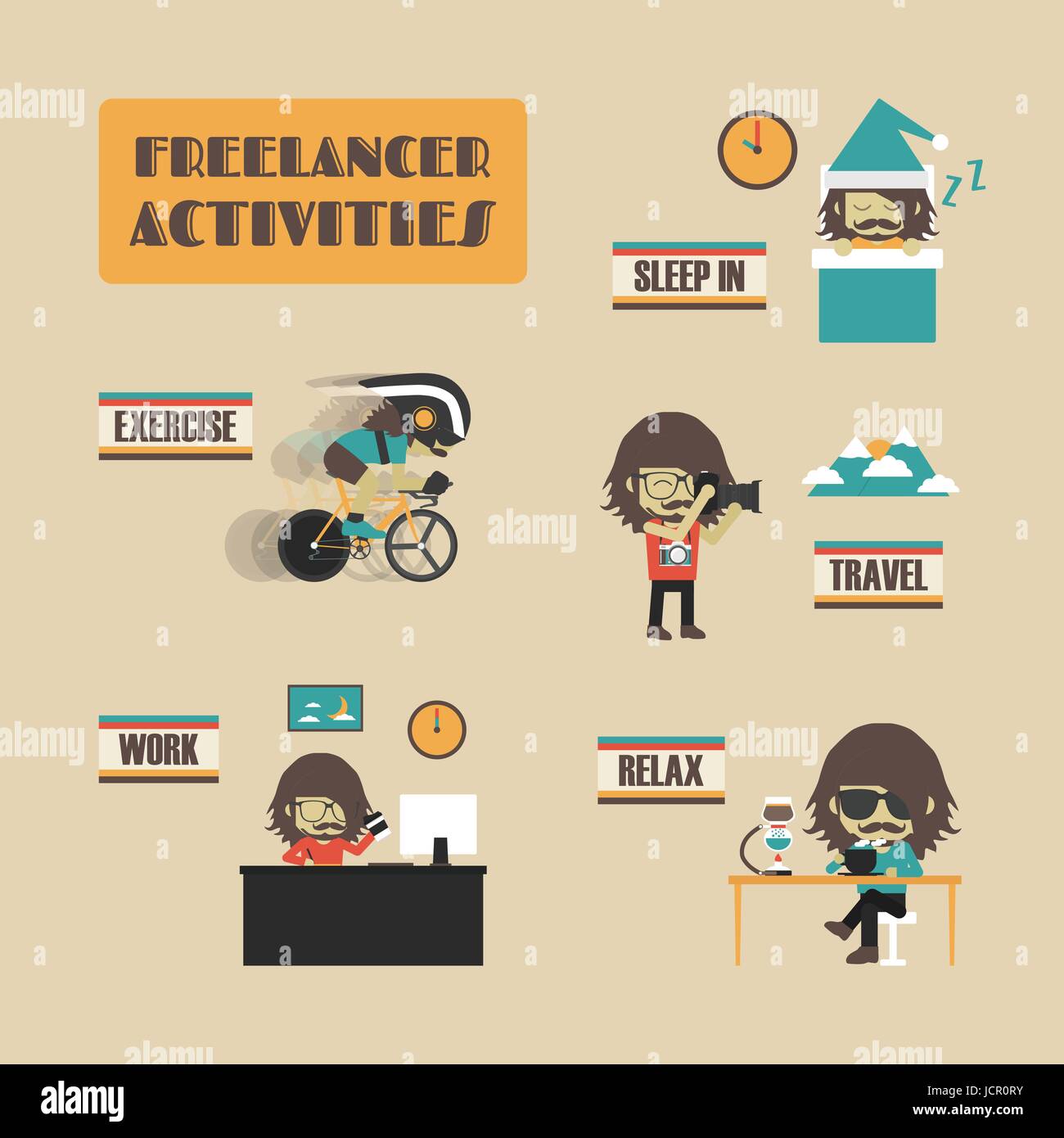 Satz von Freelancer-Tätigkeiten, Work &amp; travel Stock Vektor