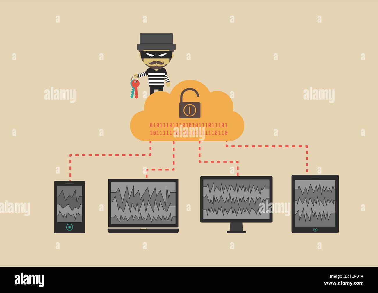 Hacker schicken Virus aus Cloud auf Ihr Gerät Hüten Sie sich vor illegalen Server flachen Stil Stock Vektor