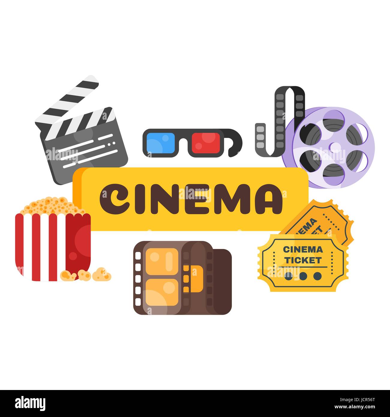 Vektor-flacher-Stil einstellen der alten Kino-Symbol für Online-Filme Isoliert auf blauem Hintergrund. Ticket, Popcorn und Film. Stock Vektor