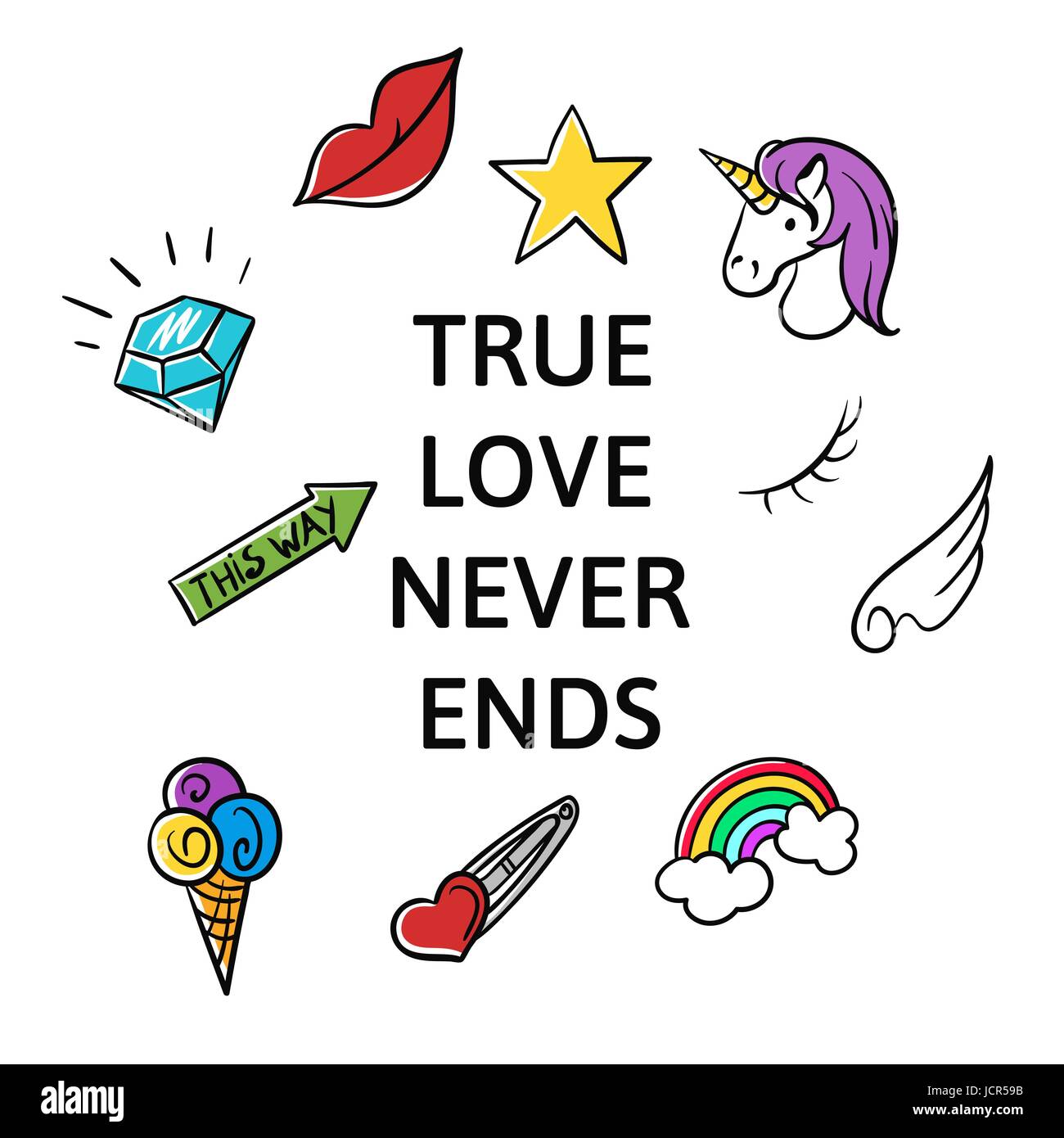 Vektor-Illustration der "endet Slogan wahrer Liebe nie" mit Mode Patches und Pins. T-Shirt Druck. Stock Vektor