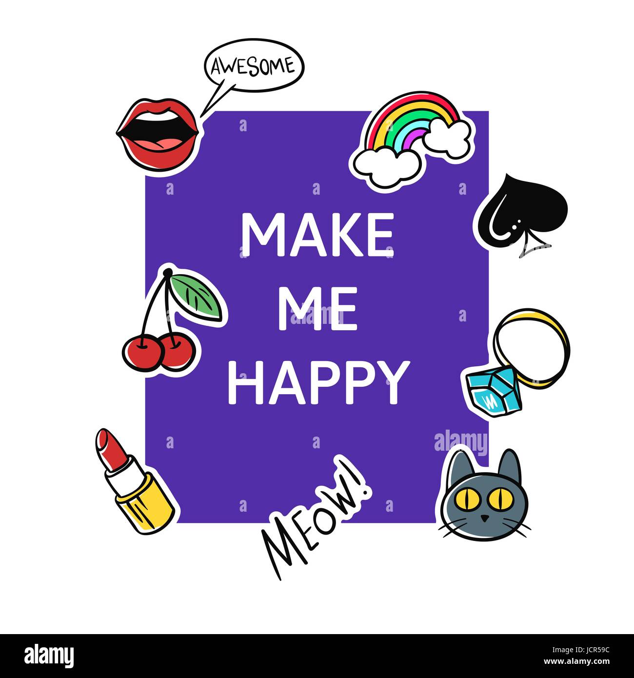 Vektor-Illustration der Slogan "Make me happy" mit Mode Patches und Pins. T-Shirt Druck. Stock Vektor