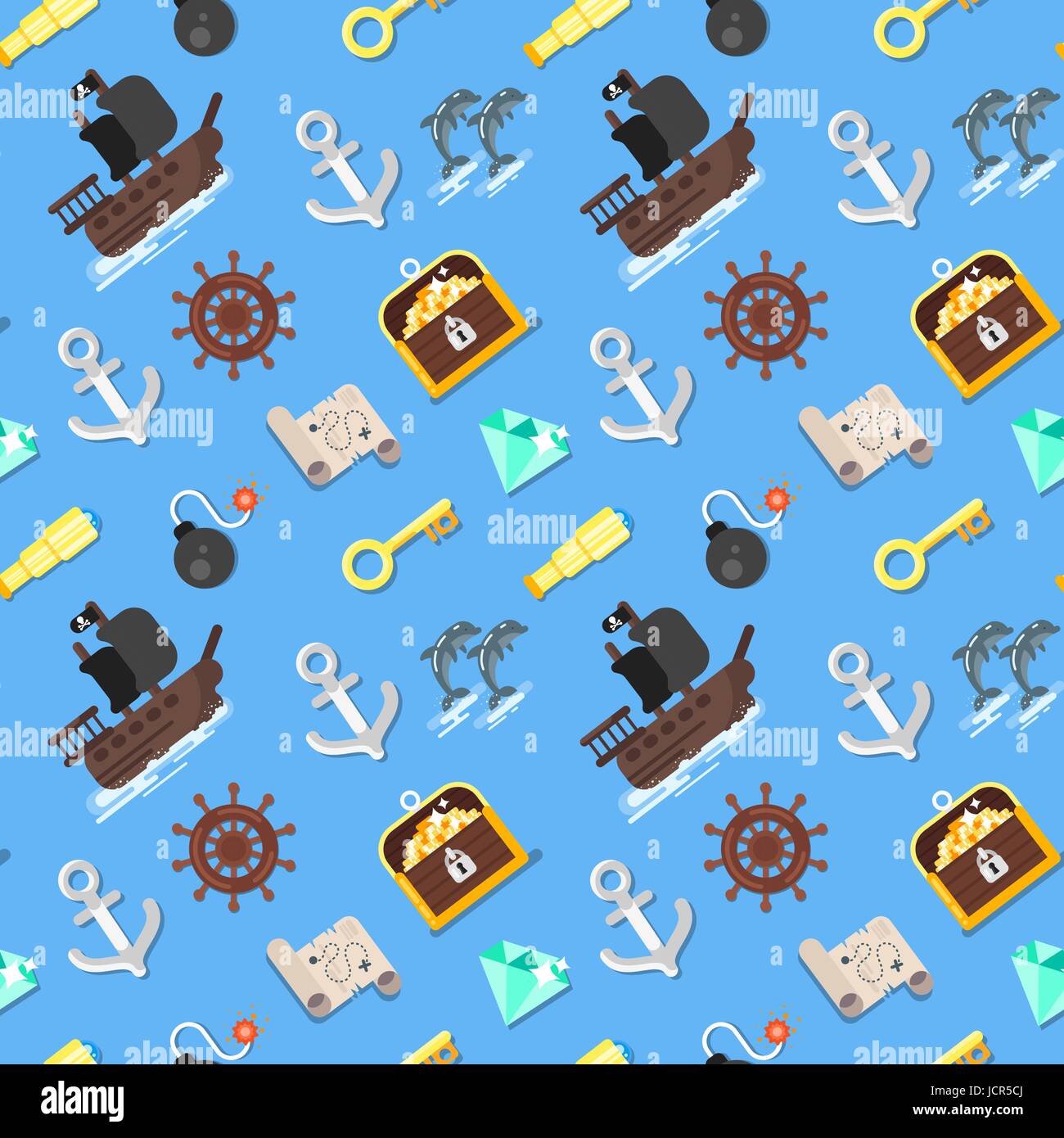 Flache nahtlose Vektormuster mit Piratenschiff, Schatztruhe, Karte und Schlüssel. Isoliert auf blauem Hintergrund. Stock Vektor