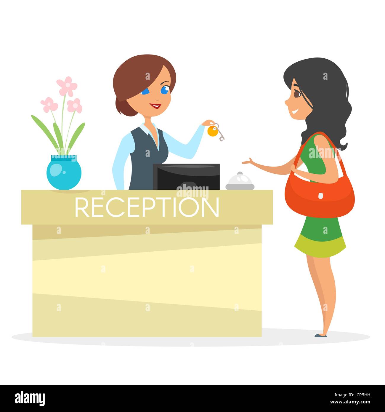 Vektor-Cartoon-Stil-Illustration der Rezeption des Hotels. Schöne Frau verleiht dem Gast einen Schlüssel. Isoliert auf weißem Hintergrund. Stock Vektor