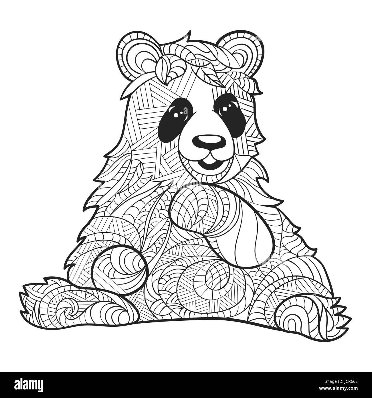 Vektor monochrome handgezeichneten Zentagle Abbildung Panda-Bären. Malvorlagen mit hohen Details isoliert auf weißem Hintergrund. Boho-Stil. Panda sitt Stock Vektor