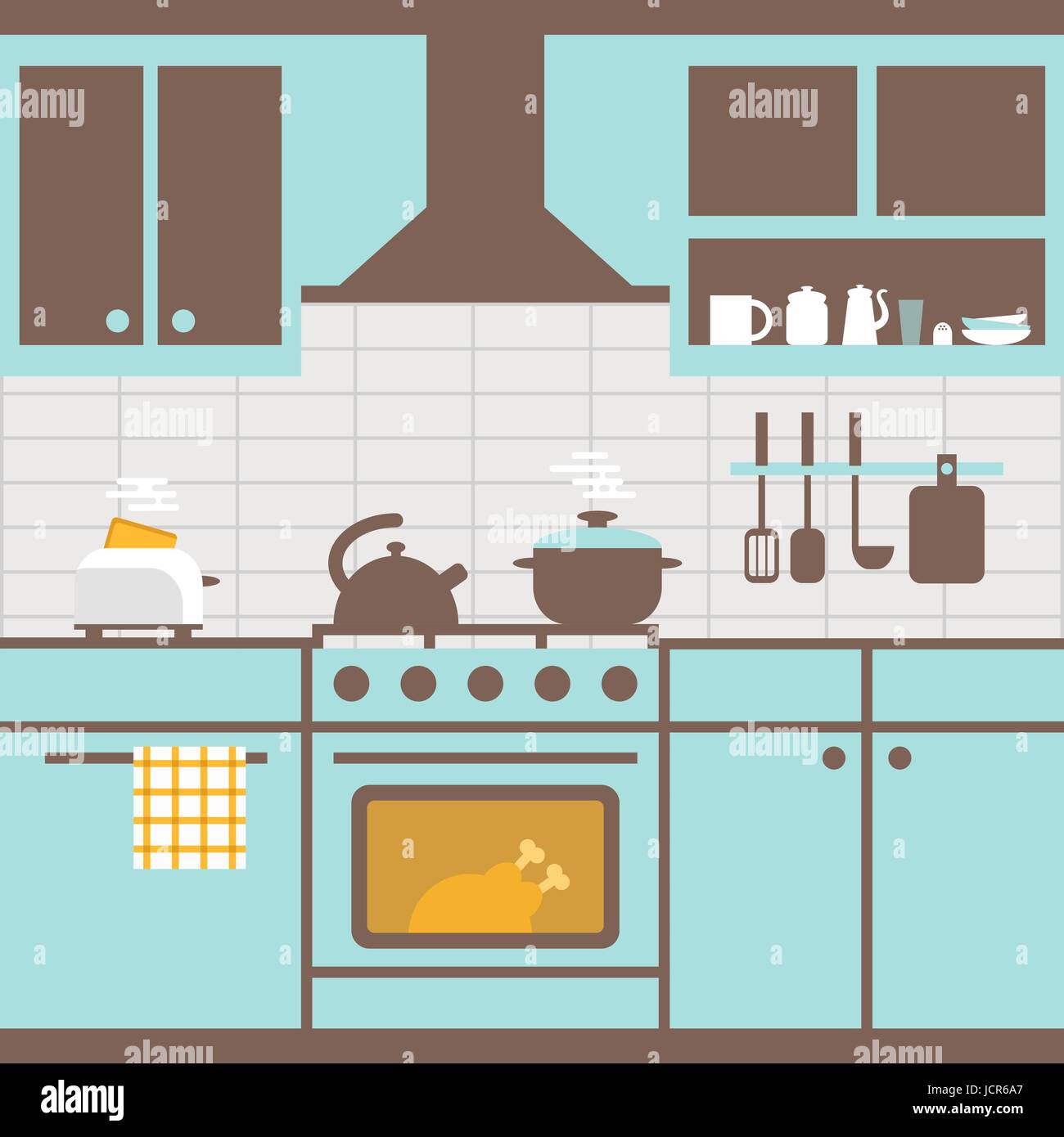 Vektor-Illustration der Küche mit Möbeln. Küchengeräte, Küchenmöbel, Herd, Toaster. Speisen kochen Zimmer. Flachen Stil für Web analytics Stock Vektor