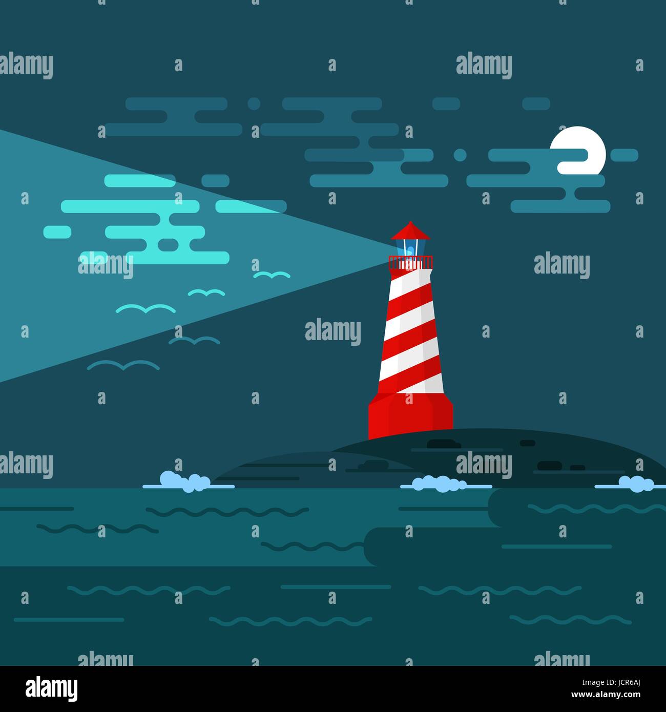 Vektor-Hintergrund mit Leuchtturm, Meer, Wellen, eine Nacht. Suchscheinwerfer Turm im Ozean. Dunkle Nacht und Mond in den Wolken. Vögel unter dem Himmel. Ein Leuchtturm-illu Stock Vektor