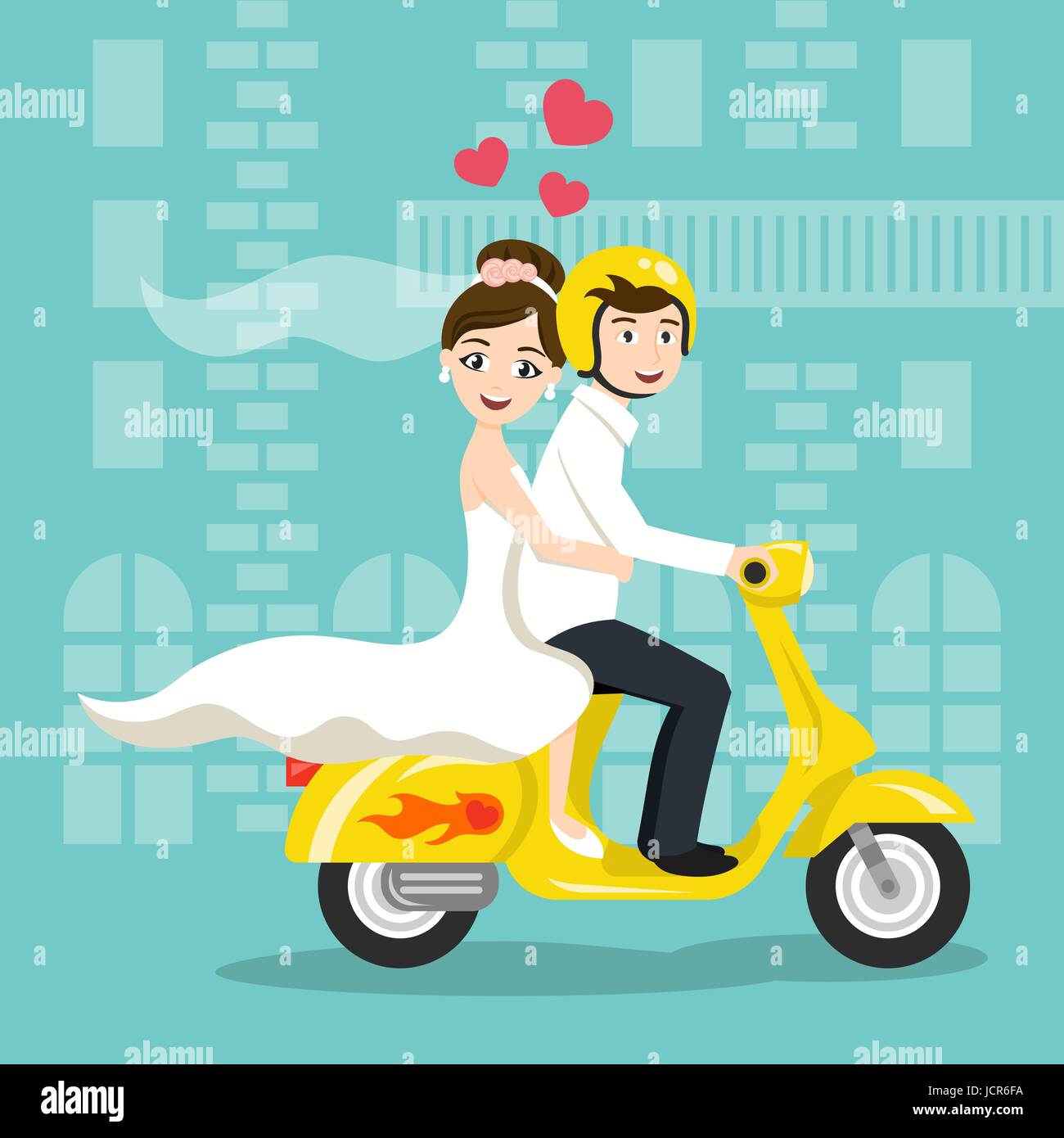 Vektor-Illustration von jungen glücklich Frischvermählten Brautpaar auf  Roller fahren. Retro-Stil Transport, moped Oldtimer suchen. Flitterwochen.  Vektor-print Stock-Vektorgrafik - Alamy