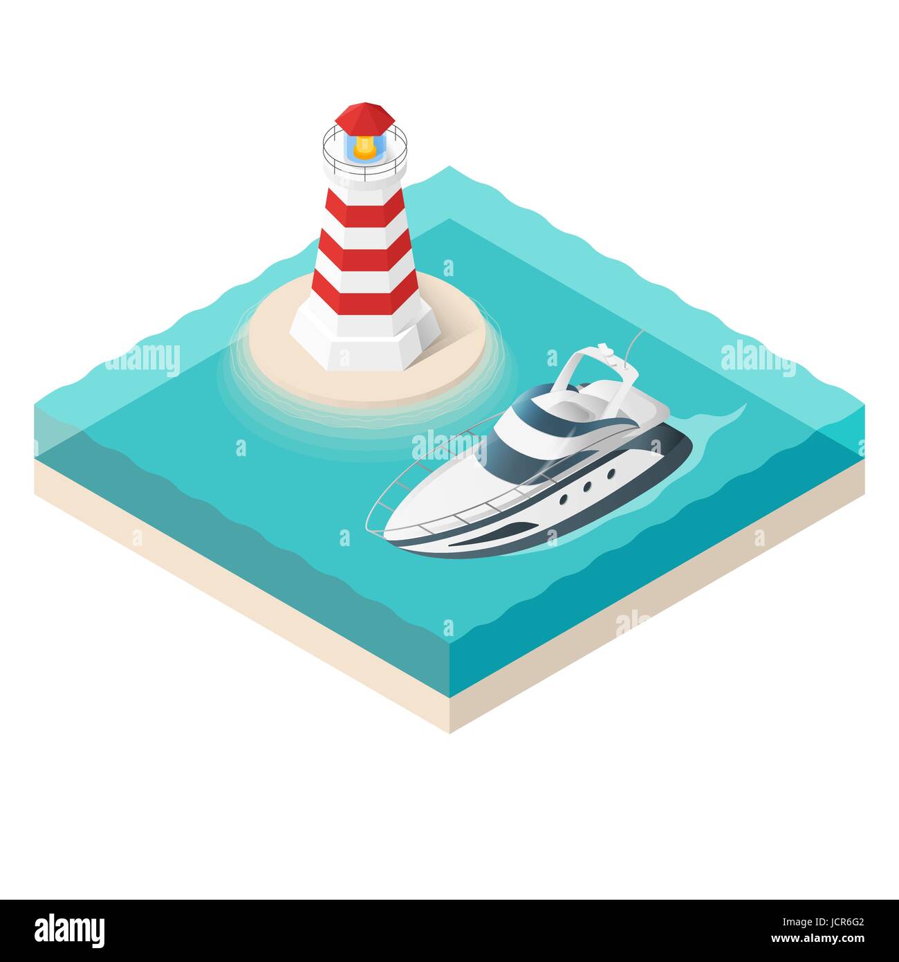 Vektor-Illustration von isometrischen Yacht und ein Leuchtturm auf der tropischen Insel. Sommer-Urlaub. Stock Vektor