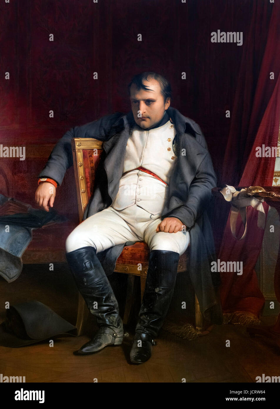Napoleon Bonaparte. Portrait mit dem Titel "Napoleon Bonaparte in Fontainbleau am 31. März 1814 nach Erhalt der Nachricht von der Ankunft der Alliierten in Paris' von Paul Delaroche, Öl auf Leinwand, 1845. Stockfoto