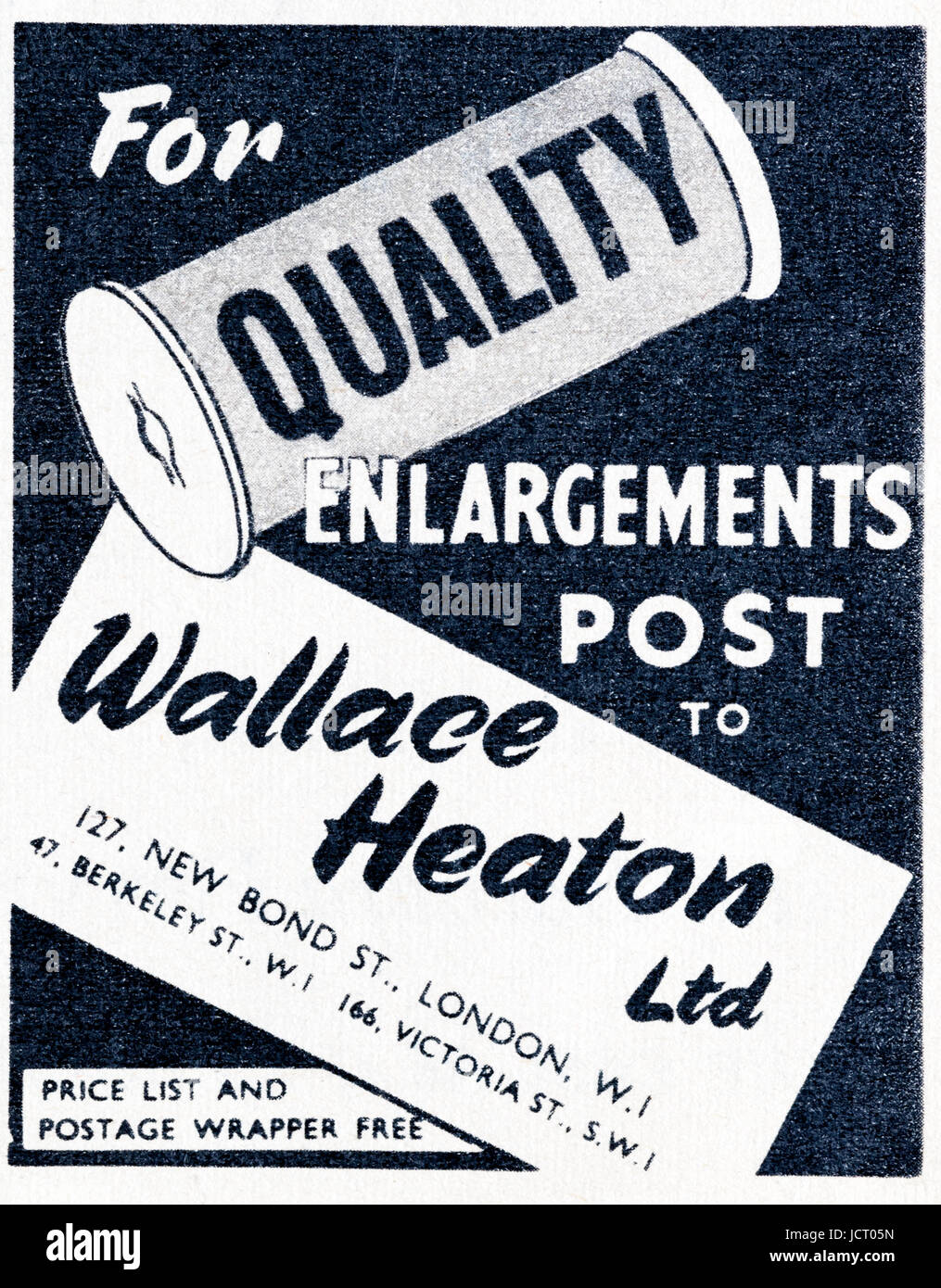 Ein 1950er Jahre Magazin Werbung Werbung Wallace Heaton fotografischen Verarbeitung. Stockfoto