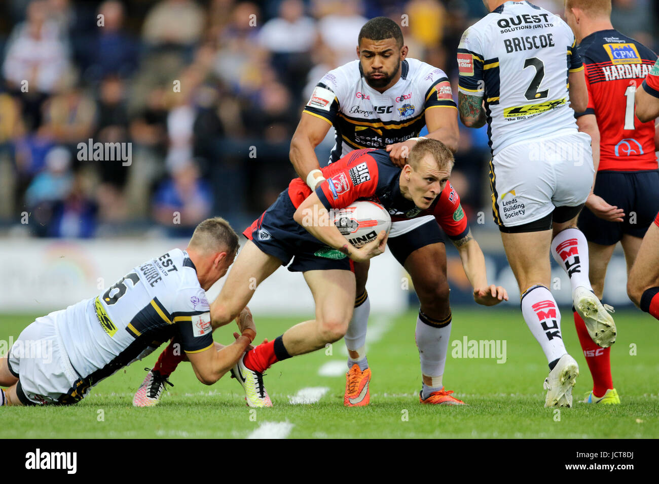 Featherstone Rovers Kyran Johnson sucht Unterstützung beim Ladbrokes Challenge Cup Viertelfinal-Match Headingley Carnegie Stadium, Leeds. Stockfoto