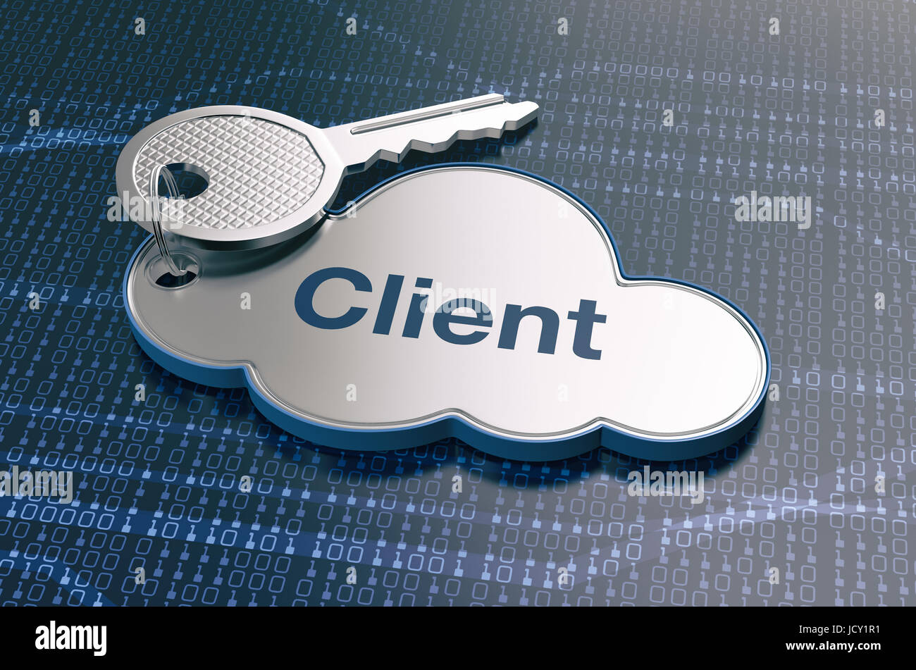 eine Wolke mit einem Schlüssel und Text: Client, Computer, Internet, Netzwerk-Konzept (3d Render) Stockfoto