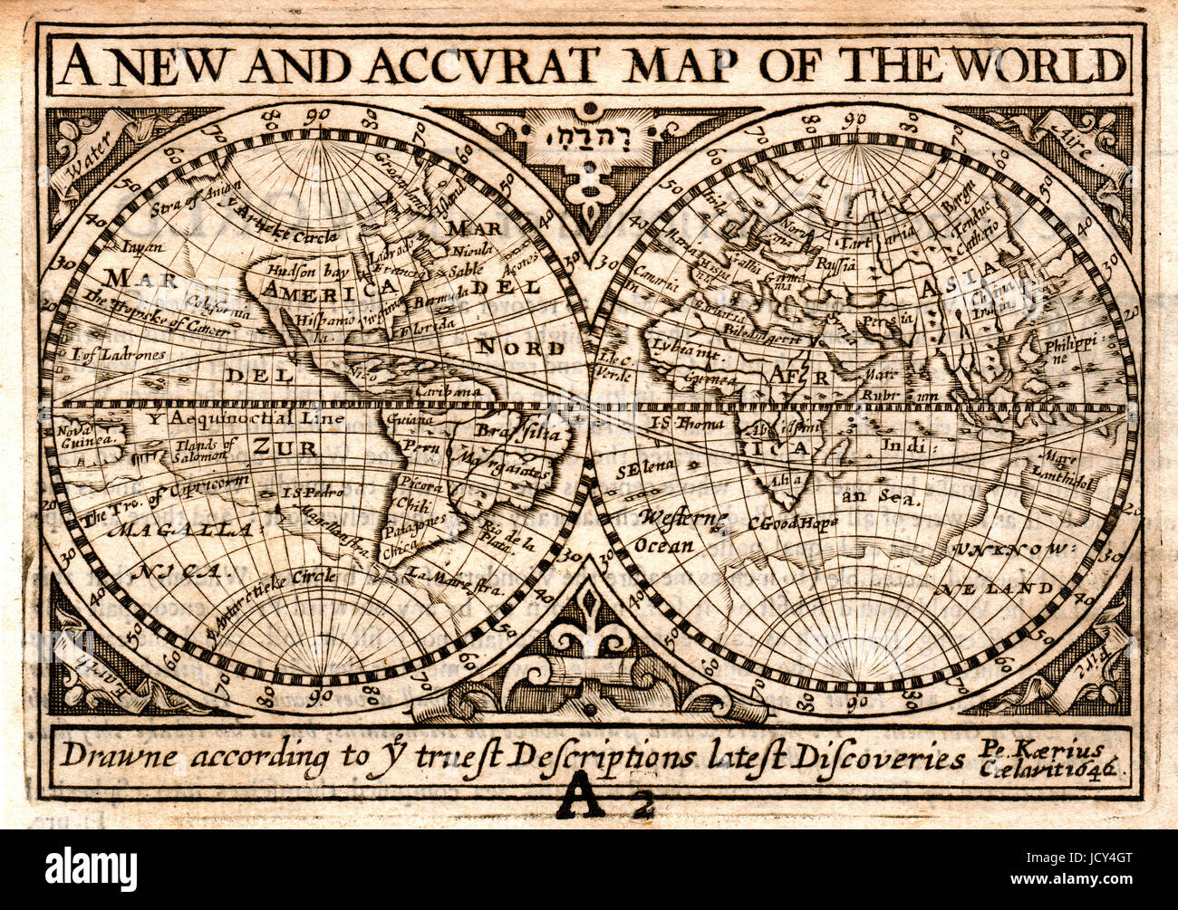 1646 Petrus Kaerius, auch bekannt als Peter van der Keere, Weltkarte in Hemisphäre, die ursprünglich in John Speed's „A Prospect of the Most Famous Parts of the World“ veröffentlicht wurde. Fotografiert von der ursprünglichen antiken Karte. Stockfoto