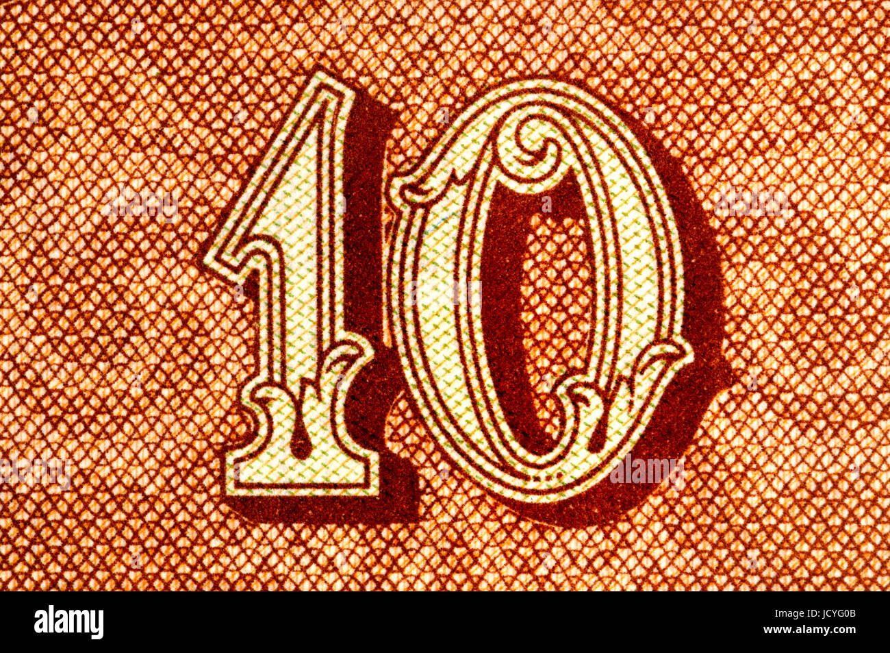 Ausschnitt aus einer 10kc Tschechische Banknote zeigt die Zahl 10 Stockfoto