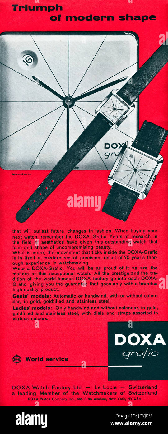 1960er Jahren Uhren Werbung Werbung Doxa Handgelenk im amerikanischen Magazin vom 5. Dezember 1960 Stockfoto