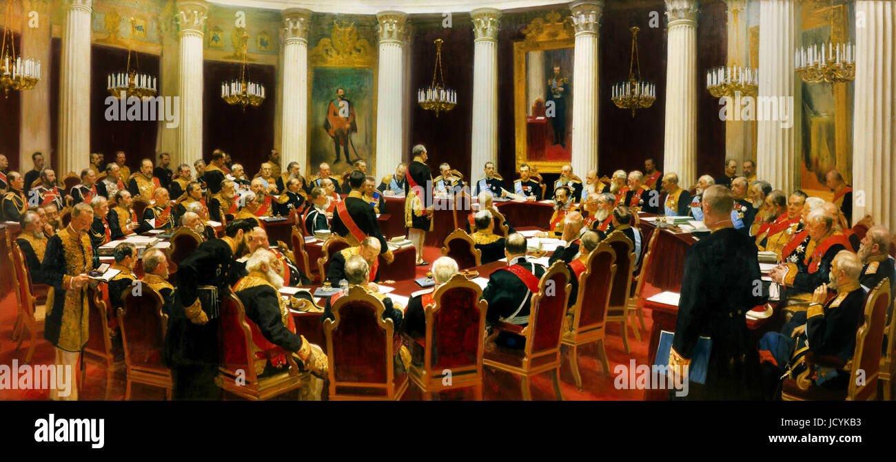 Ilja Repin, feierliche Sitzung des Staatsrates am 7. Mai 1901 anlässlich der Hundertjahrfeier der Gründung. 1903-Öl auf Leinwand. Staatliches Russisches Museum, S Stockfoto