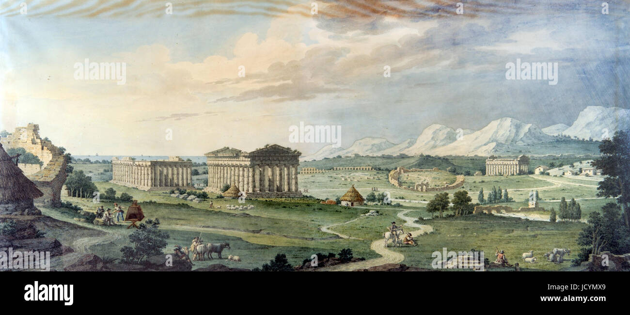 Isidro Gonzalez Velazquez, Vista de Las Magníficas Ruinas De La Antigua Ciudad de Pesto. 1837-Zeichnung und Aquarell. Real Academia de Bellas Artes Stockfoto