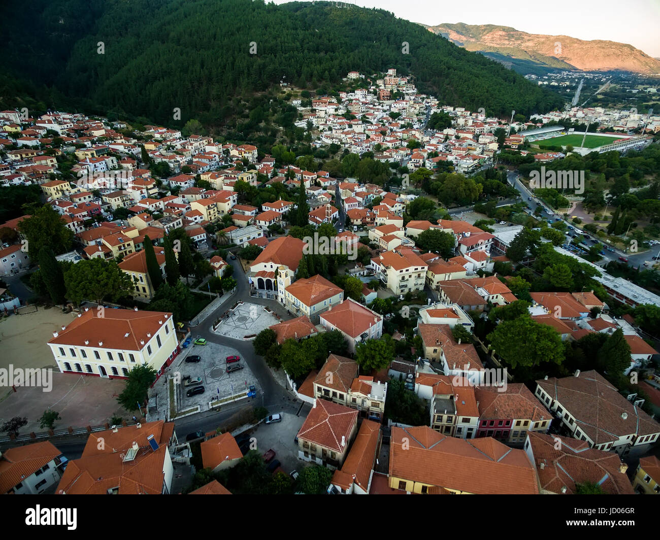 Luftbild der Altstadt der Stadt Xanthi in Nordgriechenland Stockfoto