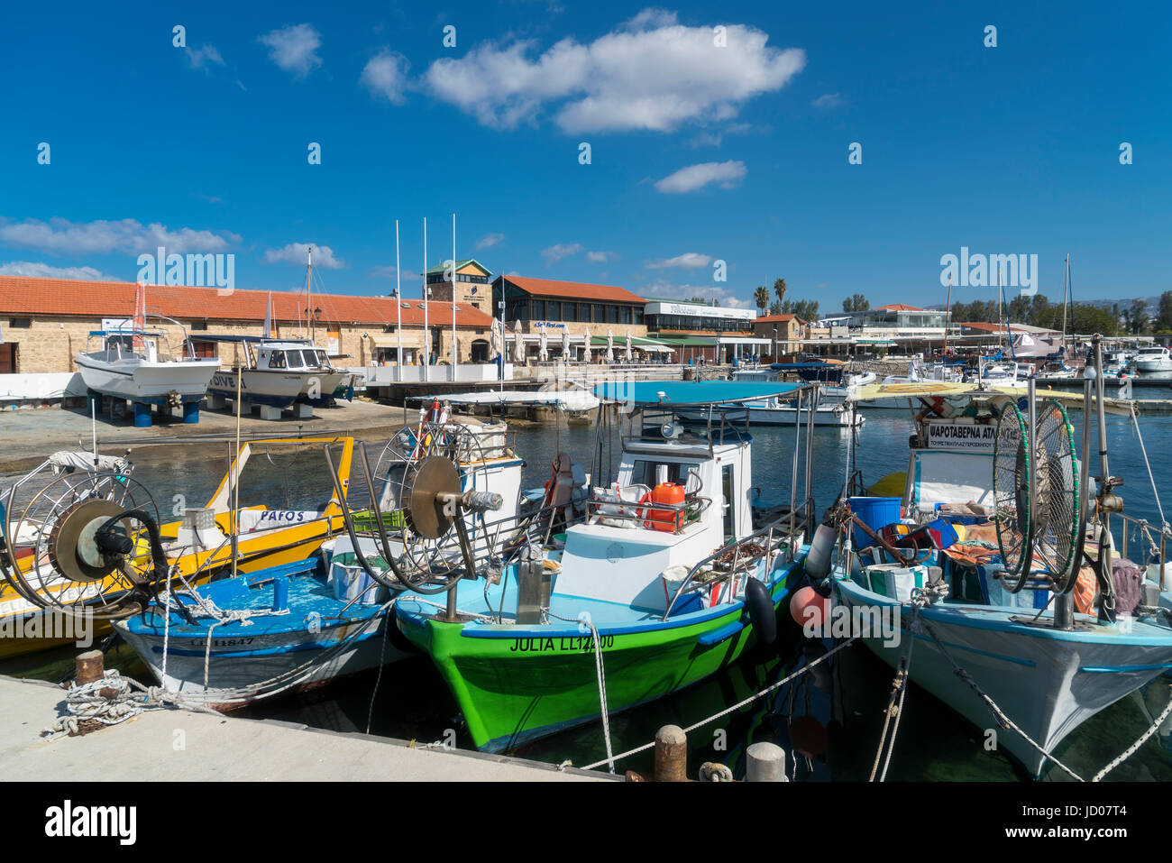 Hafen von Paphos, Erholungsgebiet, Souvenirläden, Meer, Zypern Stockfoto