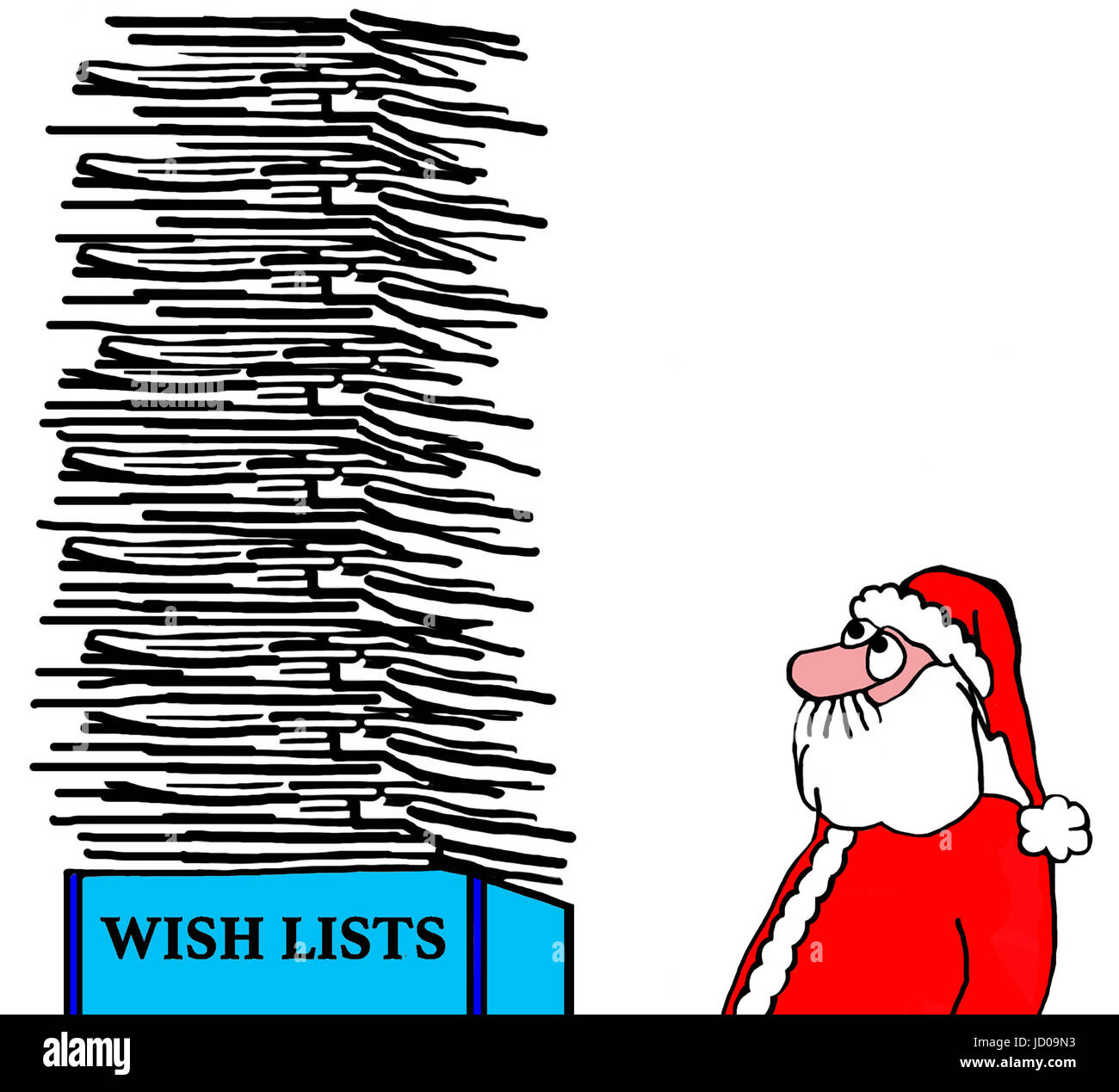 Weihnachten Cartoon Illustration von Santa Claus in seinem Büro mit einen großen Stapel von Wunschlisten in seinem Feld. Stockfoto