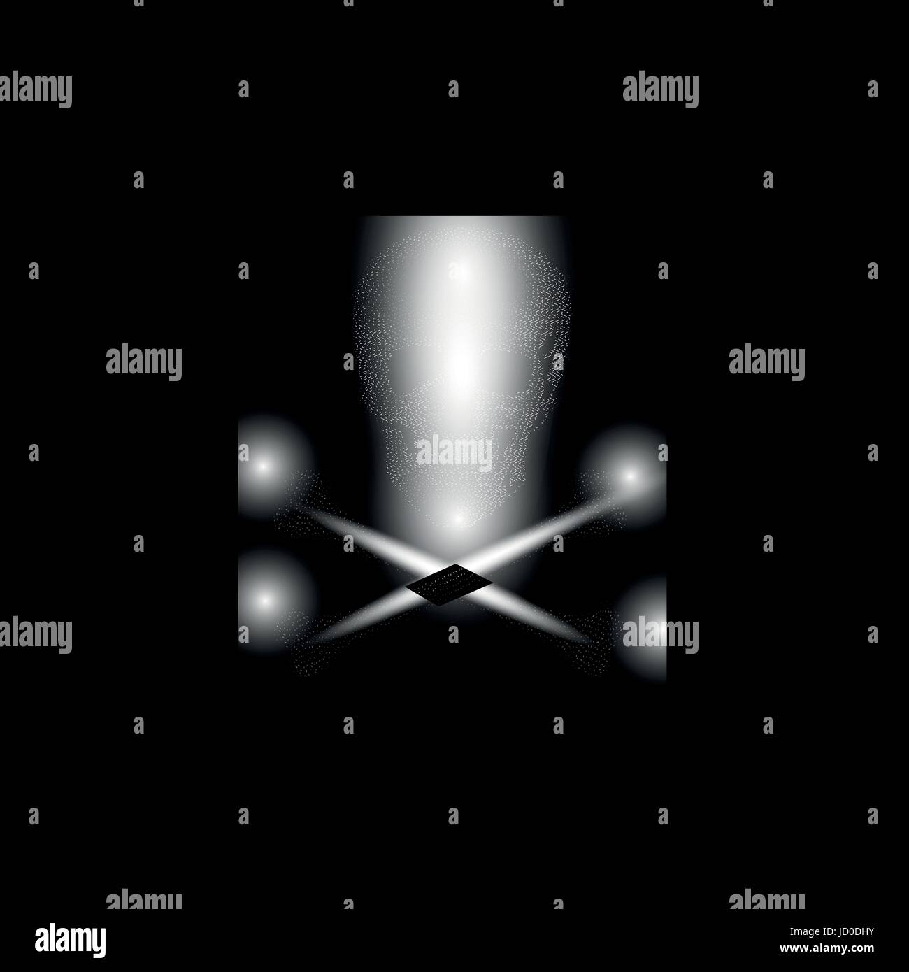 Vereinzelte graue Farbbild gekreuzten Knochen des Schädels auf schwarzem Hintergrund, Vektor-Illustration. Stock Vektor