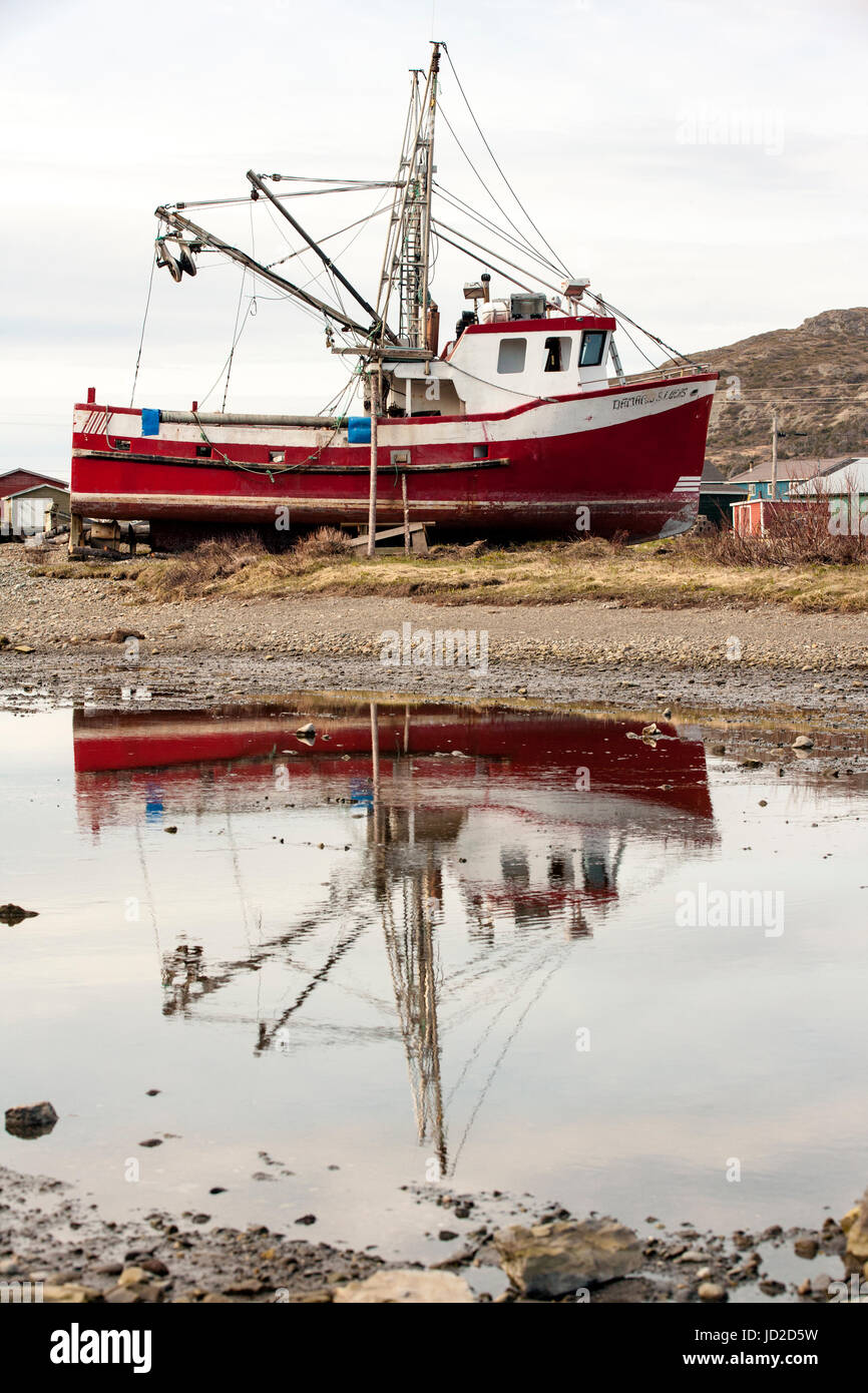 Angeln-Boot-Forellenfluss, Gros Morne National Park, Neufundland, Kanada Stockfoto