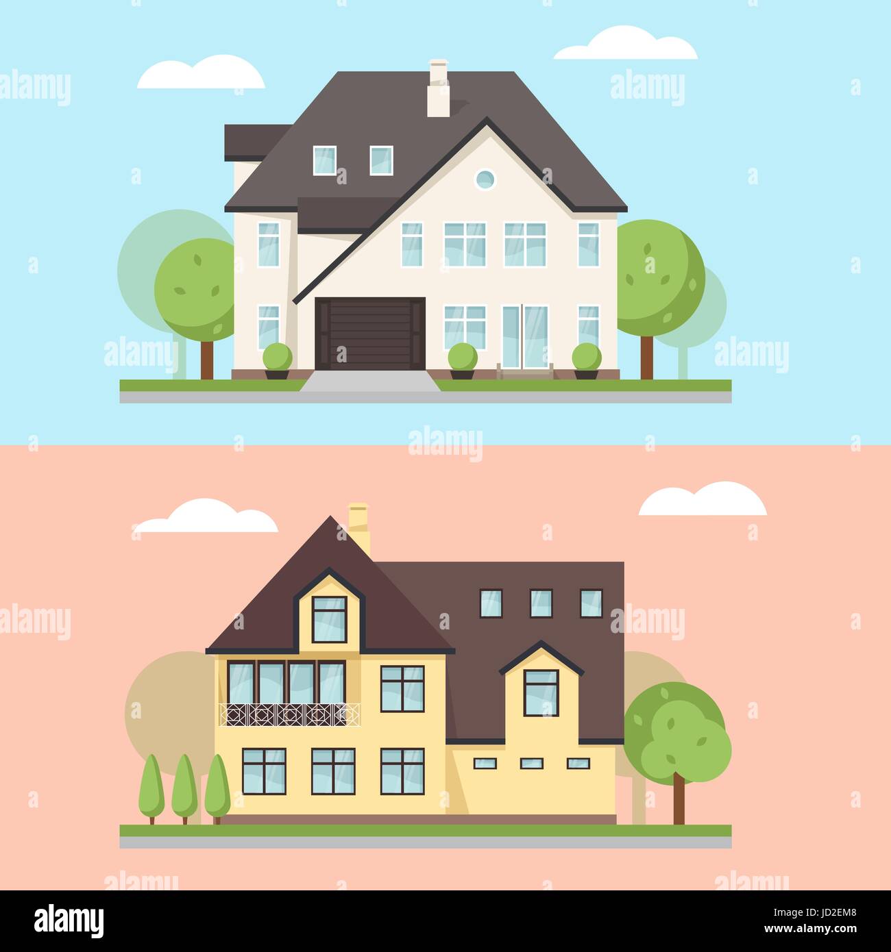 Vektor-Illustration von zwei Einfamilienhäusern oder auf dem Land. Großes privates Ferienhaus für Immobilien Broschüren oder Web-Symbol. Stock Vektor