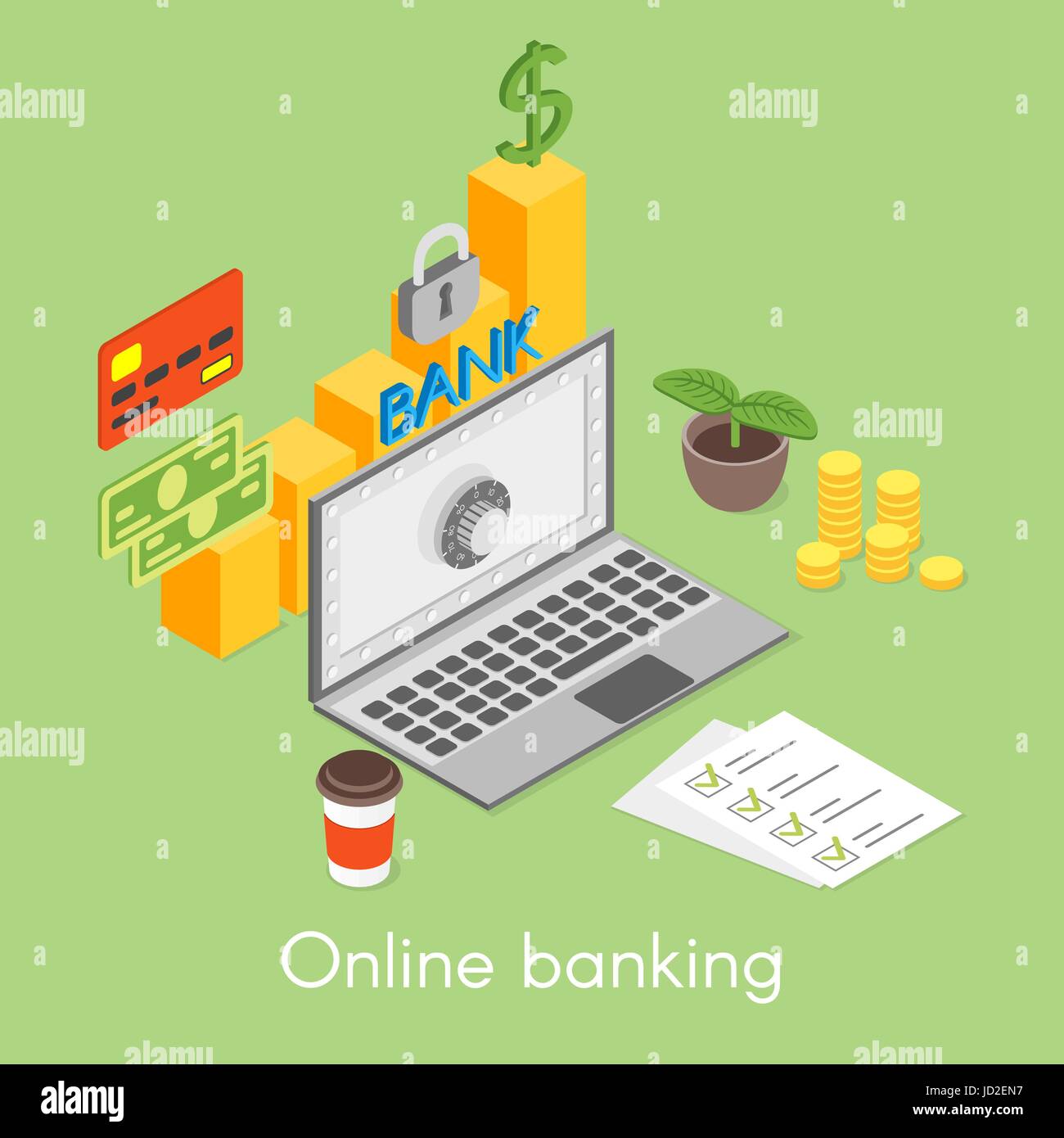 Vektor isometrische Konzept für online-Banking, Kreditkarten, Geld, Vorhängeschloss. Statistische Diagramm. Stock Vektor