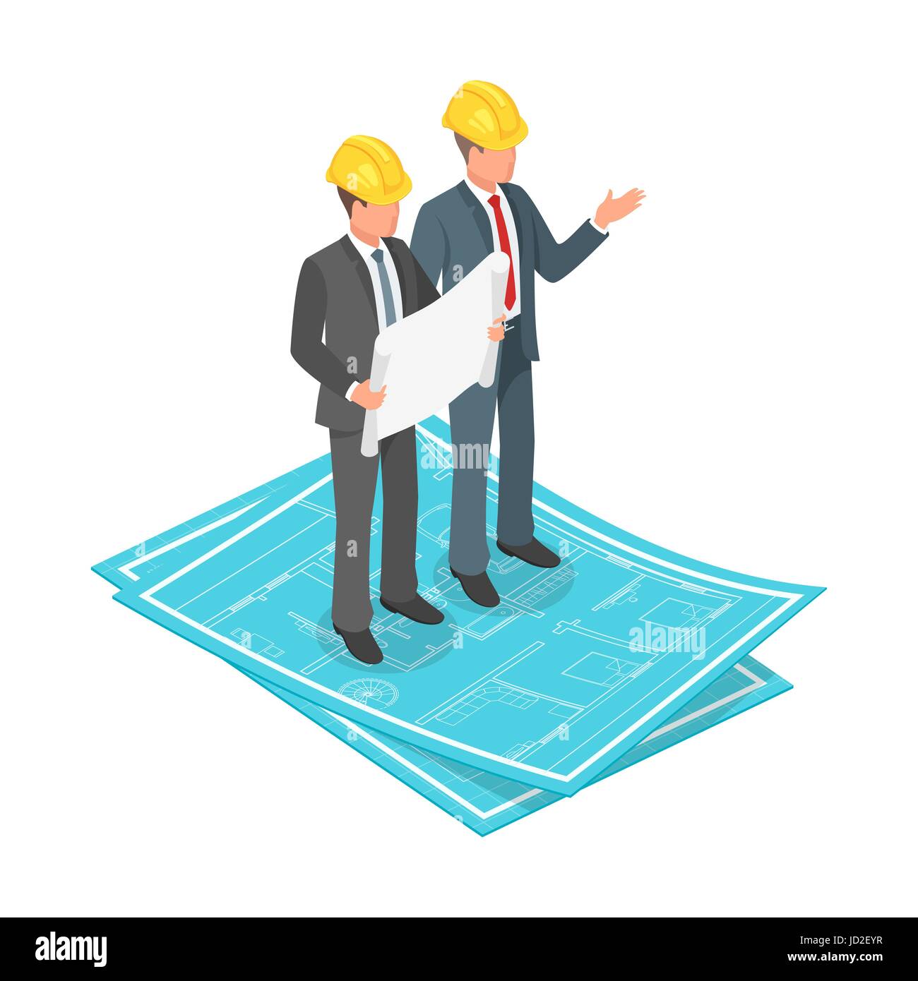 Vektor-isometrische 3D-Konzept Geschäftsmann oder Ingenieur in Schutzhelm mit architektonischen Plan stehen auf Blaupausen. Stock Vektor