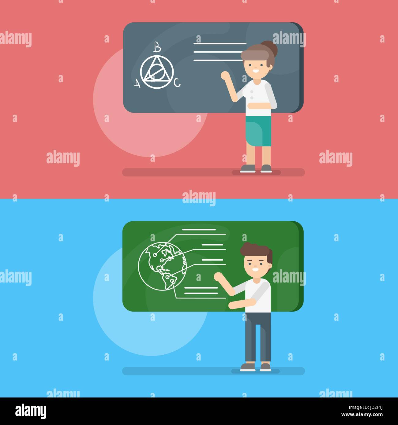 Vektor-Illustration der Lehrer im Unterricht Geometrie und Geographie. Zurück zum Schulkonzept. Stock Vektor